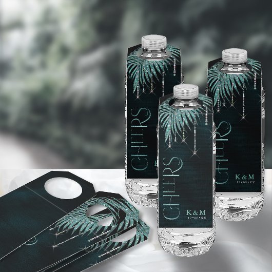 Jewel Palm Leaf Wedding Cheers Blauwgroen ID830 Flessenhanger