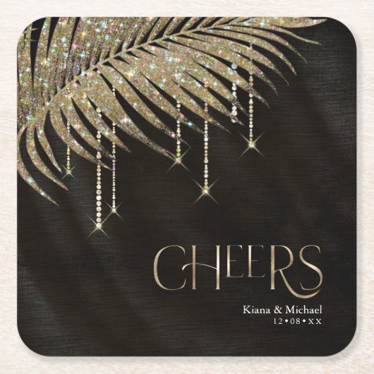 Jewel Palm Leaf Wedding Cheers Gold ID830 Kartonnen Onderzetters (Voorkant)