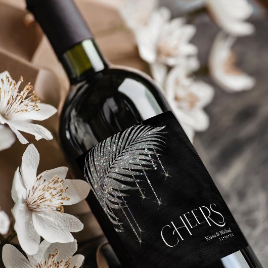 Jewel Palm Leaf Wedding Cheers Silver ID830 Wijn Etiket