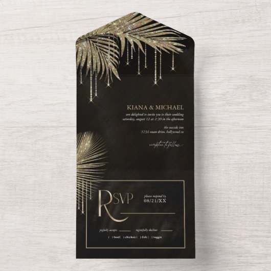 Jewel Palm Leaf Wedding Gold ID830 All In One Uitnodiging (Binnen)