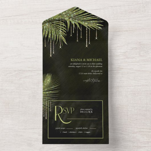 Jewel Palm Leaf Wedding Green ID830 All In One Uitnodiging (Binnen)