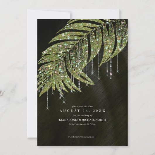 Jewel Palm Leaf Wedding Green ID830 Save The Date (Achterkant)