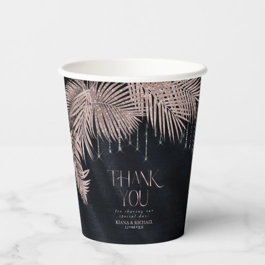 Jewel Palm Leaf Wedding Roos Gold/Navy ID830 Papieren Bekers (Achterkant)