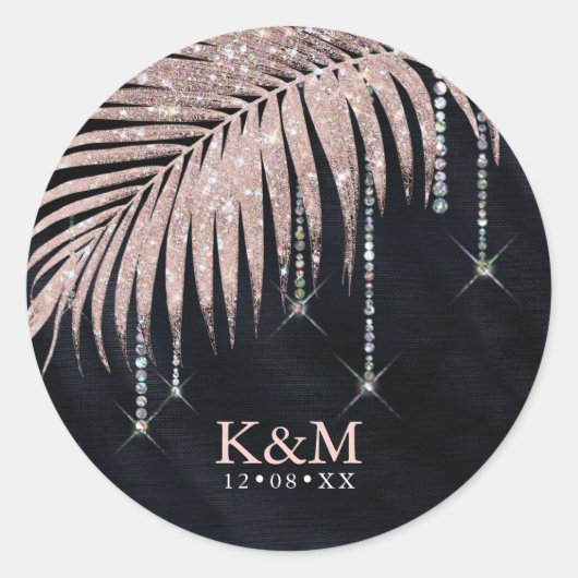 Jewel Palm Leaf Wedding Roos Gold/Navy ID830 Ronde Sticker (Voorkant)