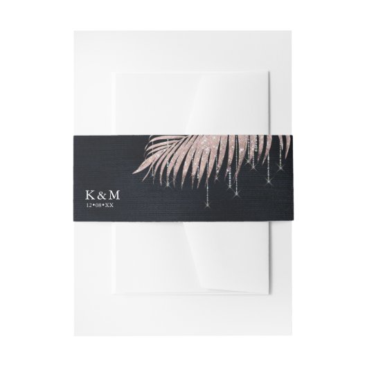 Jewel Palm Leaf Wedding Roos Gold/Navy ID830 Uitnodigingen Wikkel (Voorkant Voorbeeld)