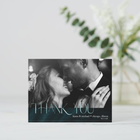 Jewel Palmblad Trouw Dank Je Teal ID830 Aankondigingskaart (Staand voorkant)