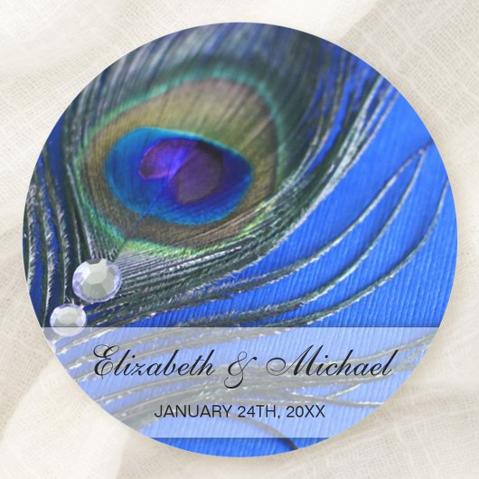 Jewel Peacock Feather Blue Wedding Favor Label