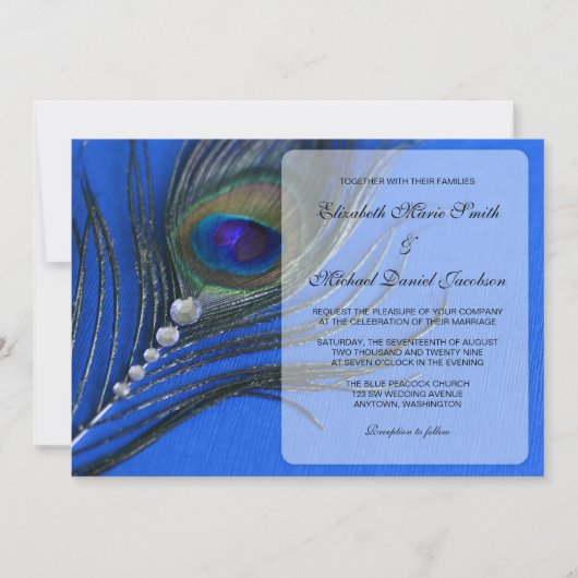 Jewel Peacock Feather Blue Wedding Invitations Kaart (Voorkant)