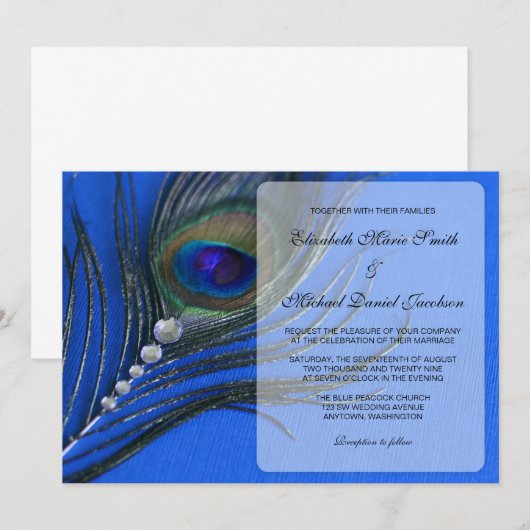 Jewel Peacock Feather Blue Wedding Invitations Kaart (Voorkant / Achterkant)