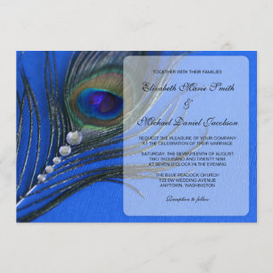 Jewel Peacock Feather Blue Wedding Invitations Kaart