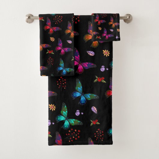 Jewel Tone Butterflies op Black Bad Handdoek (Insitu)
