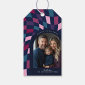 Jewel Tone Checkered Pattern Arch Foto Kerstmis Cadeaulabel (Voorkant)