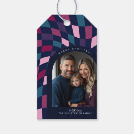 Jewel Tone Checkered Pattern Arch Foto Kerstmis Cadeaulabel