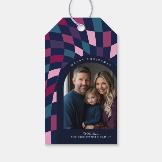 Jewel Tone Checkered Pattern Arch Foto Kerstmis Cadeaulabel (Voorkant)