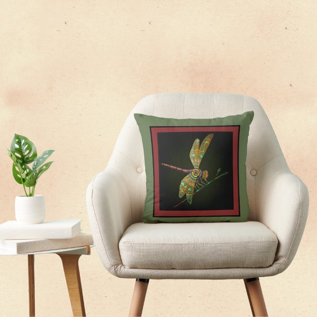 Jewel Tone Dragonfly ontmoet Mandala op Olijf Kussen (Creator heeft geüpload)