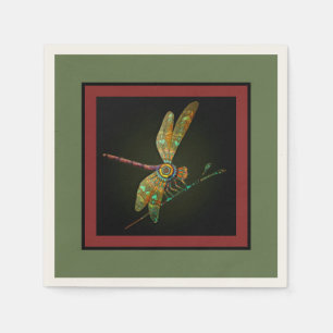 Jewel Tone Dragonfly ontmoet Mandala op Olijfgroen Servet
