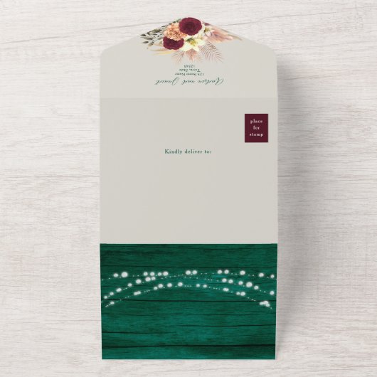 Jewel Tone Emerald Rustic Boho Wedding All In One Uitnodiging (Buitenkant)