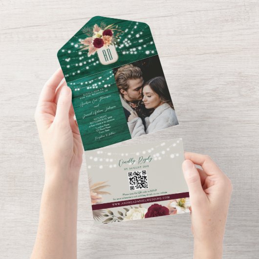 Jewel Tone Emerald Rustic Boho Wedding All In One Uitnodiging (Afscheurbaar)