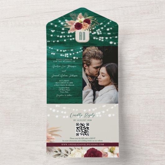 Jewel Tone Emerald Rustic Boho Wedding All In One Uitnodiging (Binnen)