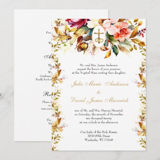 Jewel Tone Katholieke Bloemen Bruiloft en Receptie Kaart (Voorkant / Achterkant)