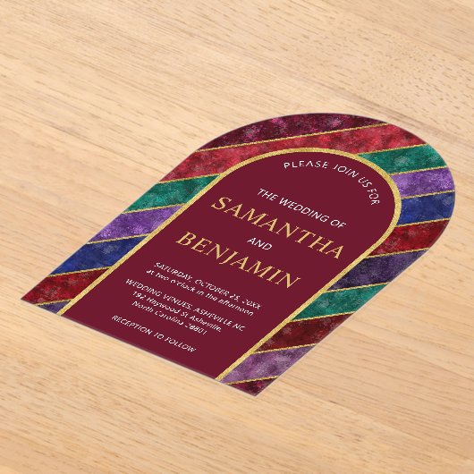 Jewel Tone Luxe Boog Bourgondië Gouden Huwelijk Acryl Uitnodigingen (Laagn)