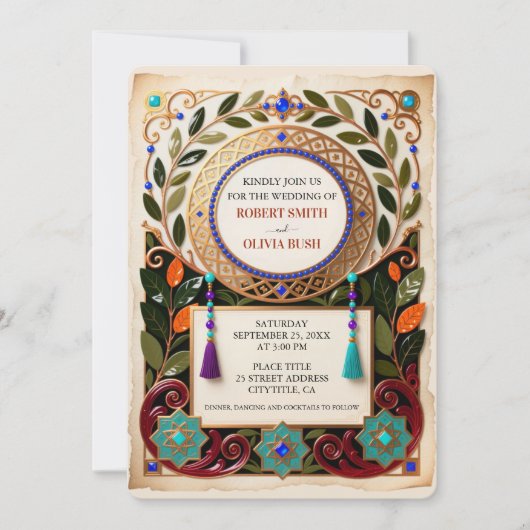 Jewel Tone Moroccan Wedding Invitation Gold Kaart (Voorkant)