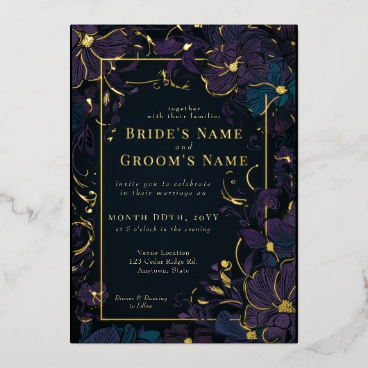 Jewel Tone Paars en Blauwgroen bloemen Folie Uitnodiging (Voorkant)