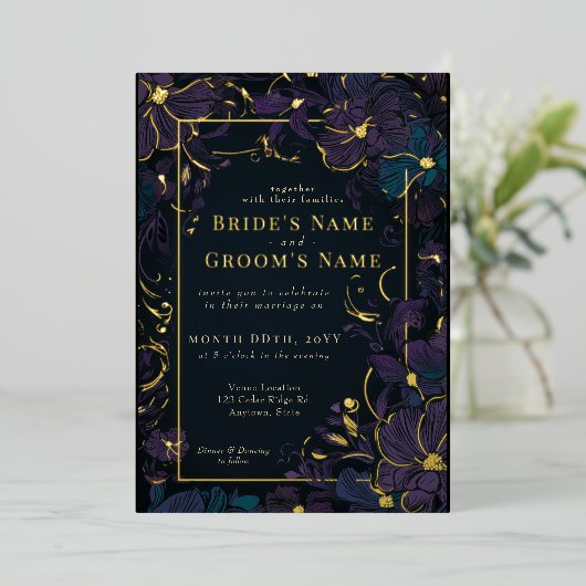 Jewel Tone Paars en Blauwgroen bloemen Folie Uitnodiging (Staand Voorkant)