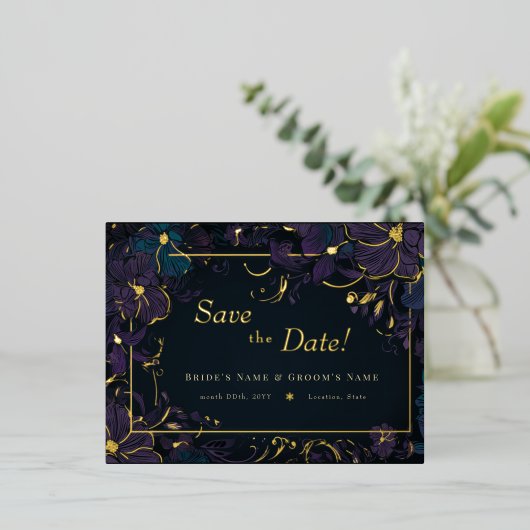 Jewel Tone Paars en Blauwgroen bloemen Folie Uitnodiging Briefkaart (Staand Voorkant)