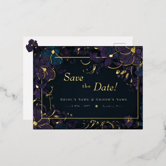 Jewel Tone Paars en Blauwgroen bloemen Folie Uitnodiging Briefkaart (Voorkant / Achterkant)