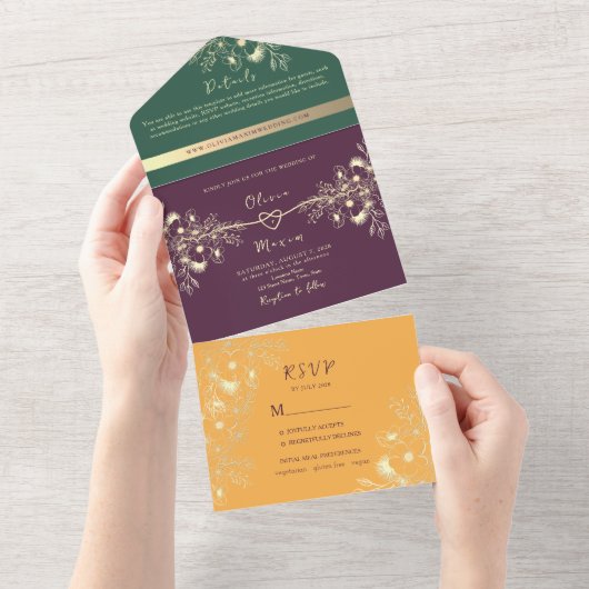 Jewel Tone Plum Paars Wedding All In One Uitnodiging (Afscheurbaar)