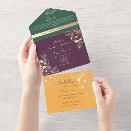 Jewel Tone Wedding All In One Uitnodiging (Afscheurbaar)