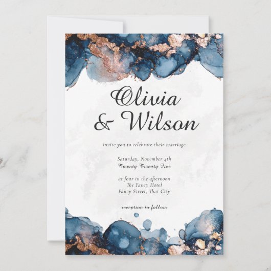 Jewel Tone Wedding Invite, Navy Blue en Roos Gold Kaart (Voorkant)