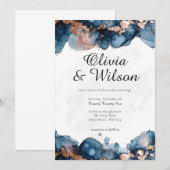 Jewel Tone Wedding Invite, Navy Blue en Roos Gold Kaart (Voorkant / Achterkant)