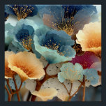 Jewel-Toned Bioluminescent Floral Explosion Perfect Poster<br><div class="desc">Oversized, translucent petals in deep navy, electric turquoise, aqua, peach, burnt orange, and rich magenta overlap in a radiant, almost glowing floral cluster. Fine veining, subtle cellular texture, and sparkling clusters of golden stamens create luminous depth and hypnotic movement across thin organic stems. The rich, saturated palette and dreamlike scale...</div>