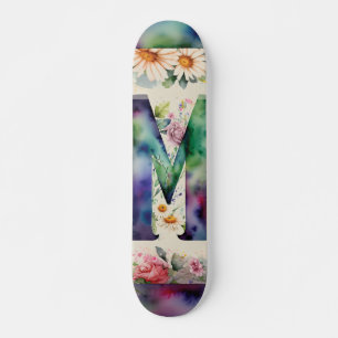 Jewel Toned Monogram M Kleurrijke Waterverf Bloeme Persoonlijk Skateboard