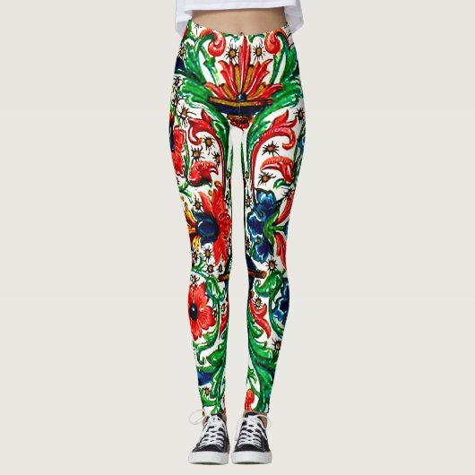 Jewel Tones Middeleeuws manuscript Bloemen Scrolls Leggings (Voorkant)