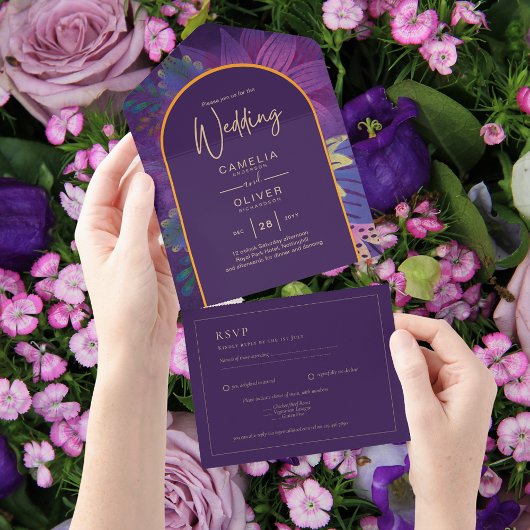 Jewel Tones Plum Paarse Berry Gold Wedding All In One Uitnodiging