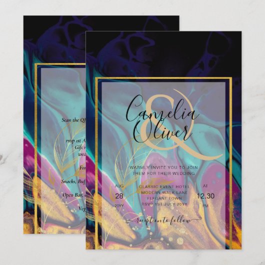 Jewel Tones WEDDING INK Plum Paars Blauwgroen Navy Kaart (Voorkant / Achterkant)