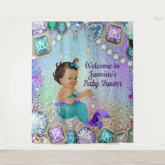 Jewel Zeemeermin Baby Shower Banner Achtergrond Wandkleed (Voorkant)