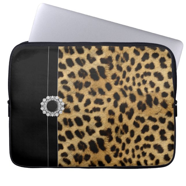 Jeweled Black Leopard Laptophoes Laptop Sleeve (Voorkant)