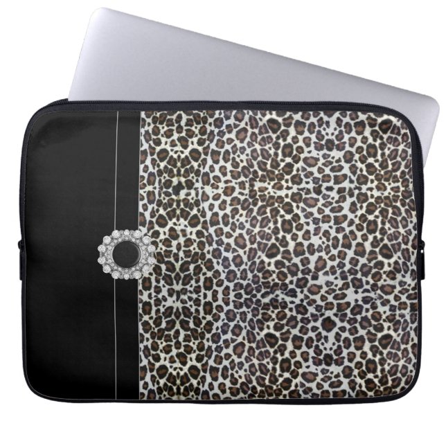 Jeweled Black Leopard Laptophoes Laptop Sleeve (Voorkant)