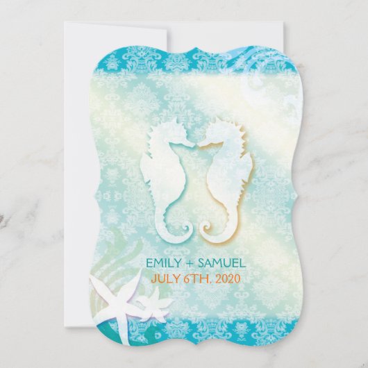 Jeweled Damask SeaHorse Starfish Beach Wedding Kaart (Voorkant)