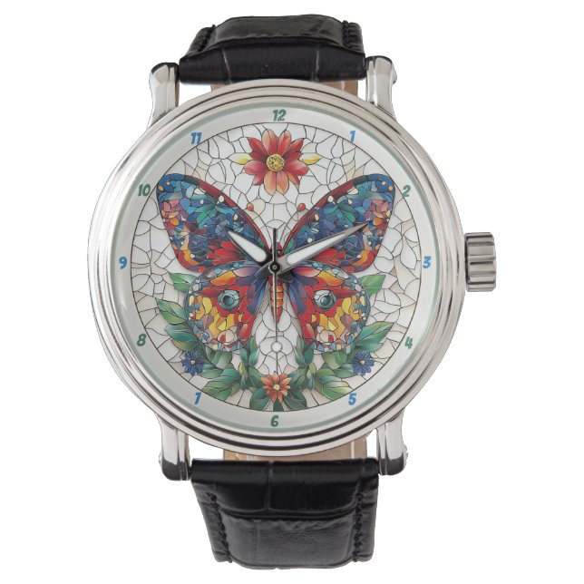 Jeweled Garden Stained Glass Butterfly Floral  Horloge (Voorkant)