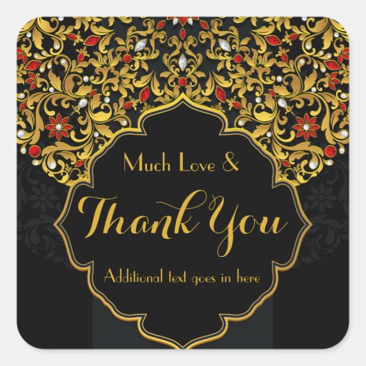 Jeweled Gold Red Black Floral Aangepast bedankt Vierkante Sticker (Voorkant)