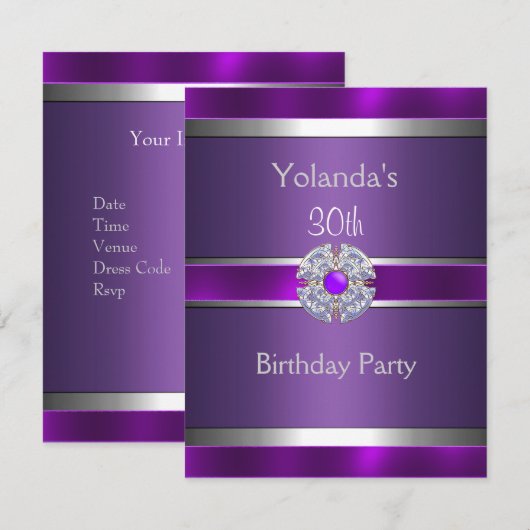 Jeweled Paars Silver Trim 30th Birthday Party 3 Kaart (Voorkant / Achterkant)