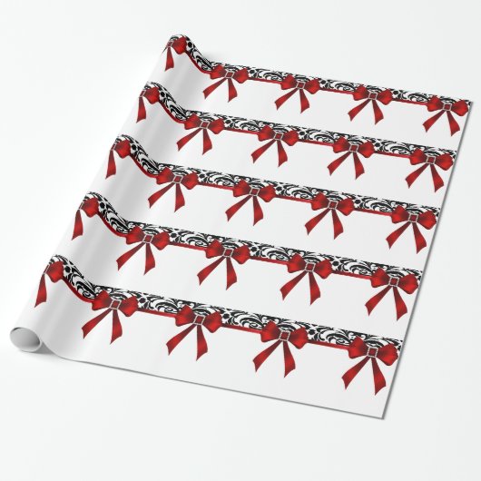 Jeweled Red Bow Damask Holiday Cadeaupapier (Uitgerold)