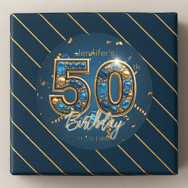 Jeweled Sapphire Blue and Gold 50th Birthday  Ronde Sticker