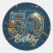 Jeweled Sapphire Blue and Gold 50th Birthday  Ronde Sticker (Voorkant)