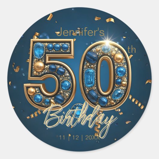 Jeweled Sapphire Blue and Gold 50th Birthday  Ronde Sticker (Voorkant)